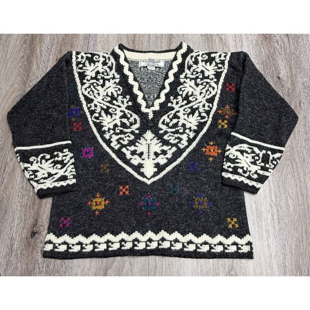 Vintage Kitty Hawk Sweater Womens L Deep V Neck Vivian Wang Boho Texture Knit